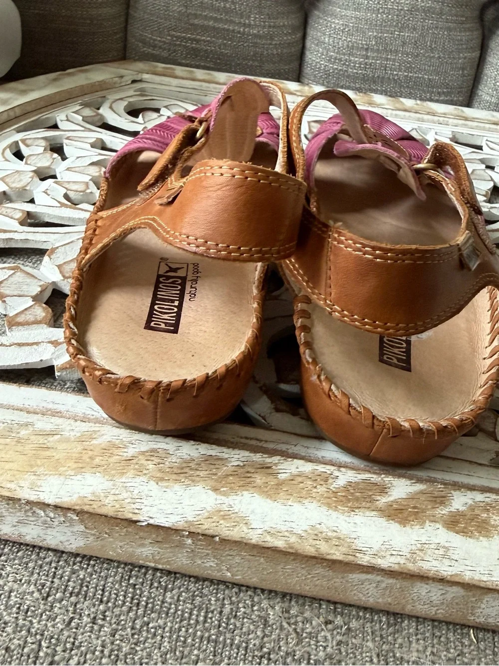 PIKOLINOS Pink and Brown Floral Leather Sandals